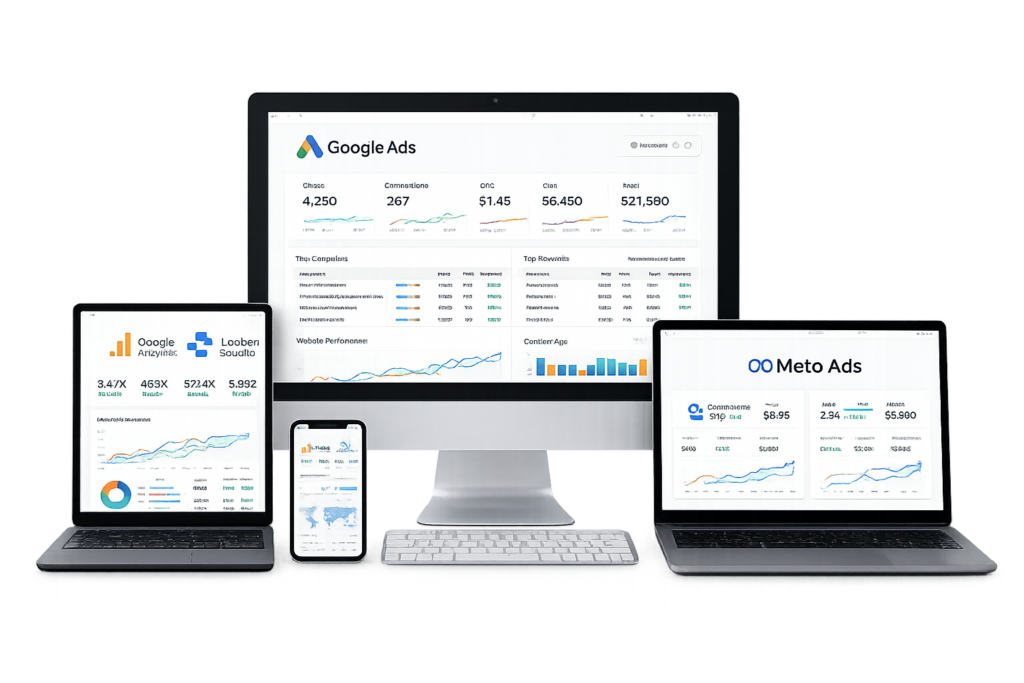 Responsive digital marketing mockup showing Google Ads, Meta Ads, Google Analytics, and Looker Studio dashboards on desktop, laptop, tablet, and smartphone devices.